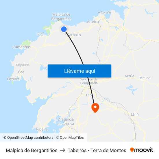 Malpica de Bergantiños to Tabeirós - Terra de Montes map
