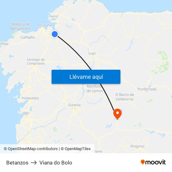Betanzos to Viana do Bolo map