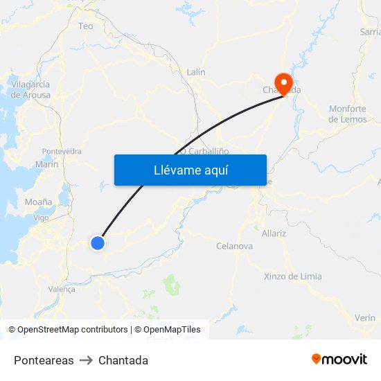 Ponteareas to Chantada map