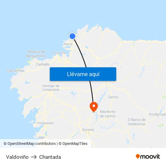 Valdoviño to Chantada map
