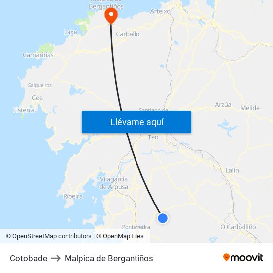 Cotobade to Malpica de Bergantiños map