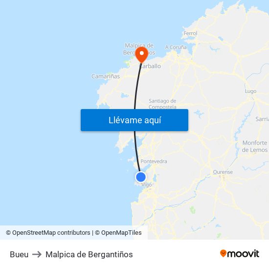 Bueu to Malpica de Bergantiños map
