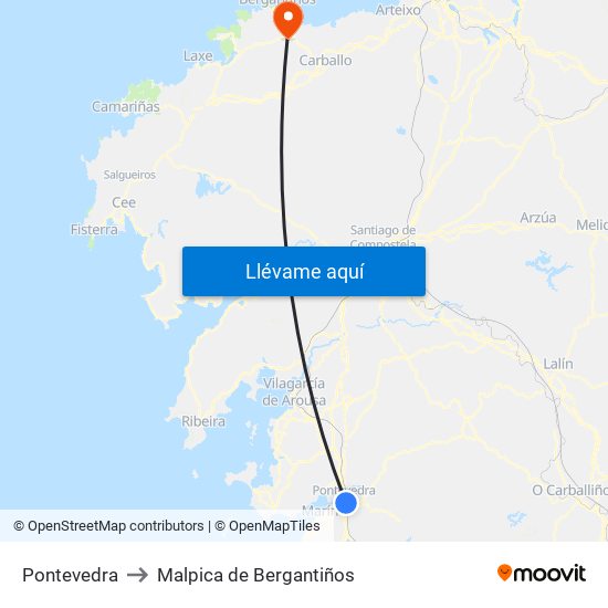 Pontevedra to Malpica de Bergantiños map