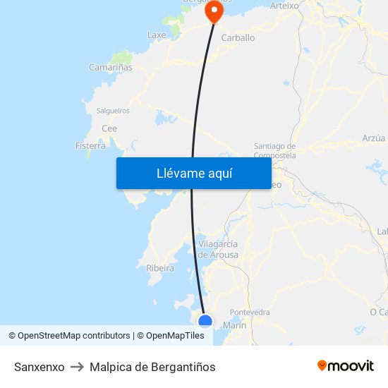 Sanxenxo to Malpica de Bergantiños map