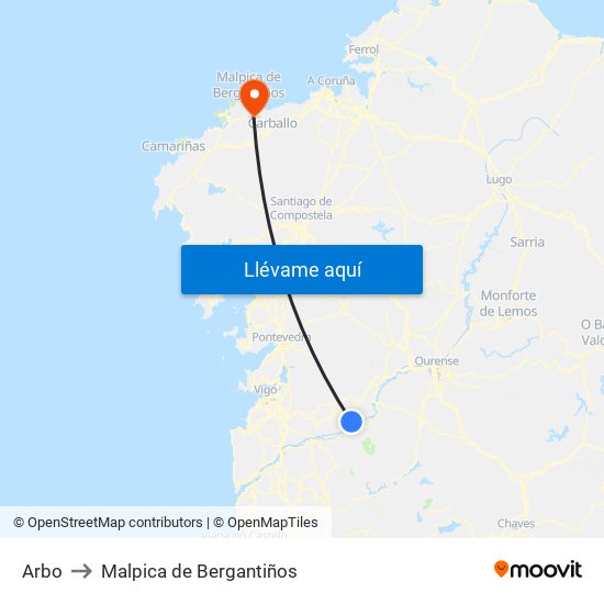 Arbo to Malpica de Bergantiños map