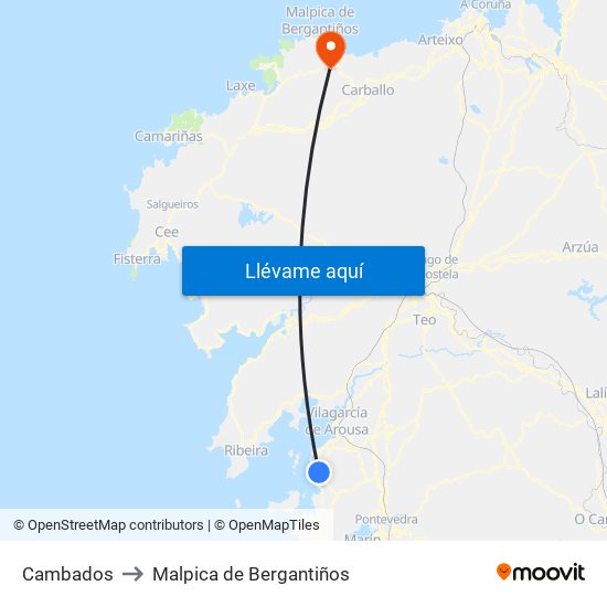 Cambados to Malpica de Bergantiños map