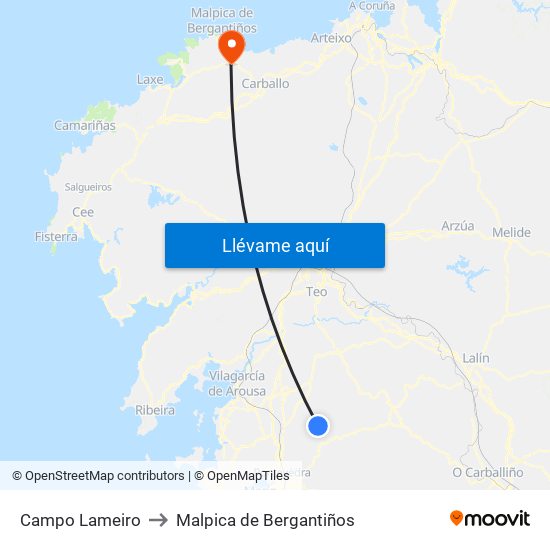 Campo Lameiro to Malpica de Bergantiños map