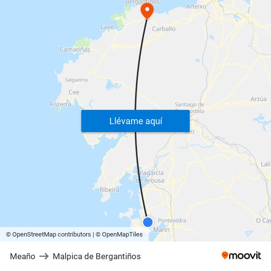 Meaño to Malpica de Bergantiños map