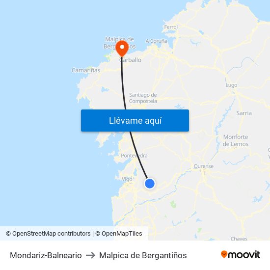 Mondariz-Balneario to Malpica de Bergantiños map