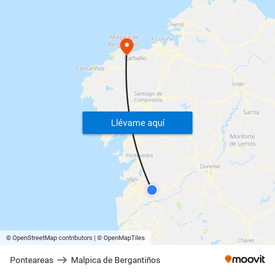 Ponteareas to Malpica de Bergantiños map