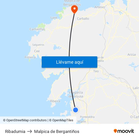 Ribadumia to Malpica de Bergantiños map