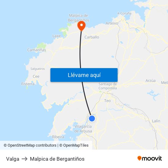 Valga to Malpica de Bergantiños map