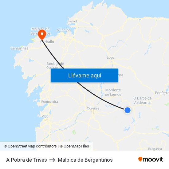 A Pobra de Trives to Malpica de Bergantiños map