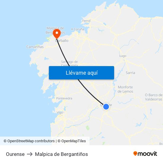 Ourense to Malpica de Bergantiños map