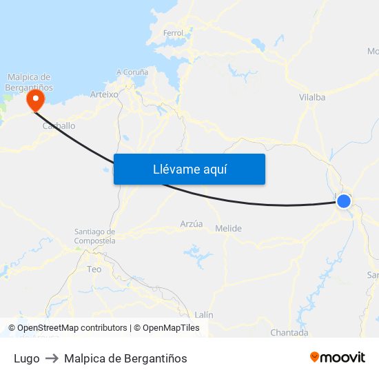 Lugo to Malpica de Bergantiños map