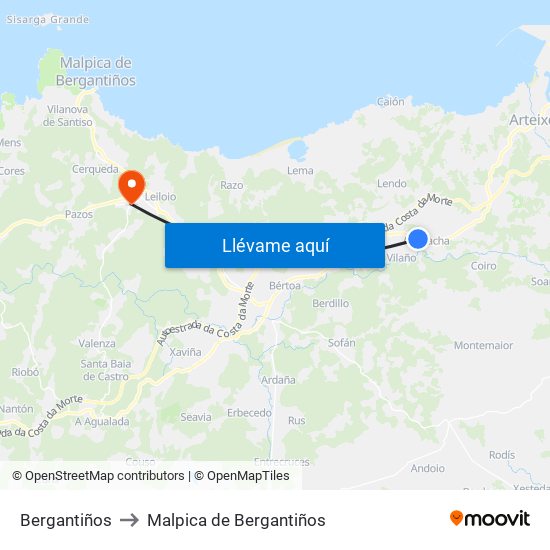Bergantiños to Malpica de Bergantiños map