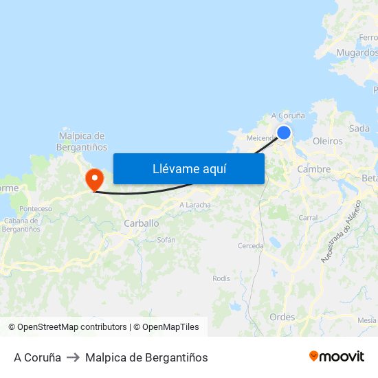 A Coruña to Malpica de Bergantiños map