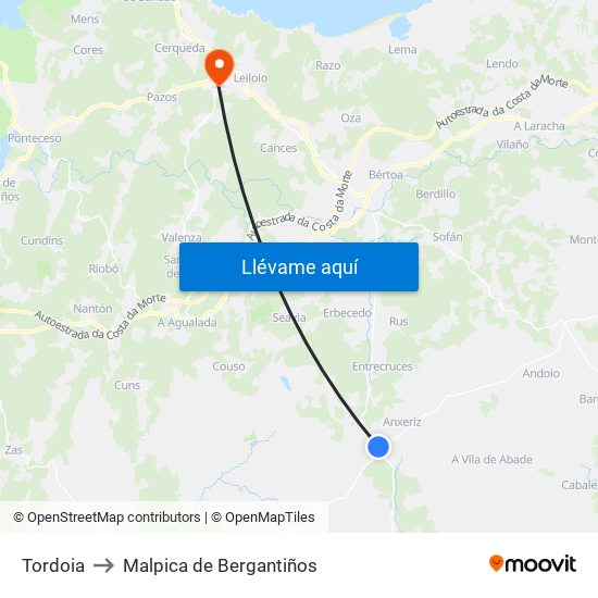 Tordoia to Malpica de Bergantiños map