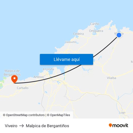 Viveiro to Malpica de Bergantiños map