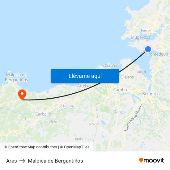 Ares to Malpica de Bergantiños map