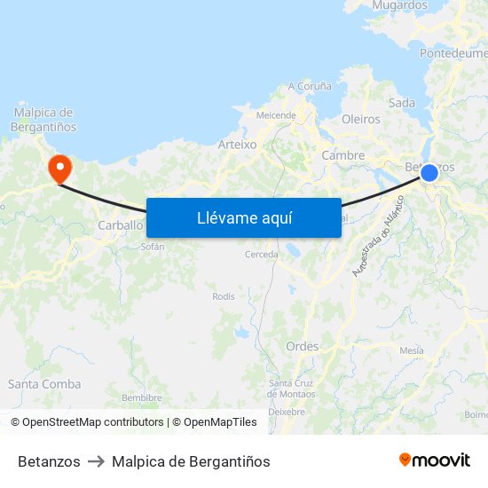 Betanzos to Malpica de Bergantiños map
