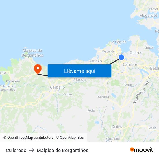 Culleredo to Malpica de Bergantiños map