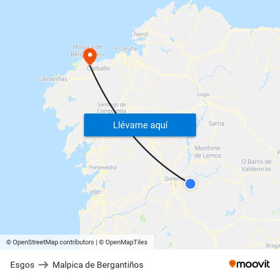 Esgos to Malpica de Bergantiños map