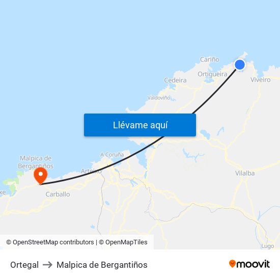Ortegal to Malpica de Bergantiños map