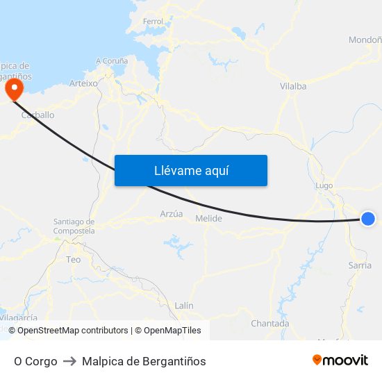 O Corgo to Malpica de Bergantiños map