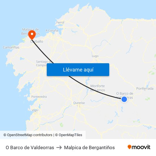 O Barco de Valdeorras to Malpica de Bergantiños map