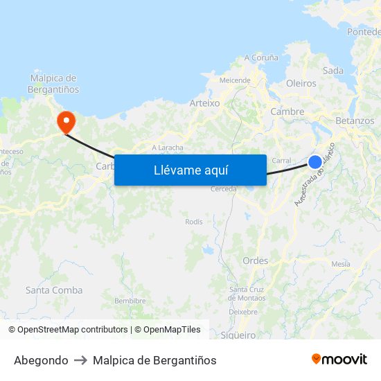 Abegondo to Malpica de Bergantiños map