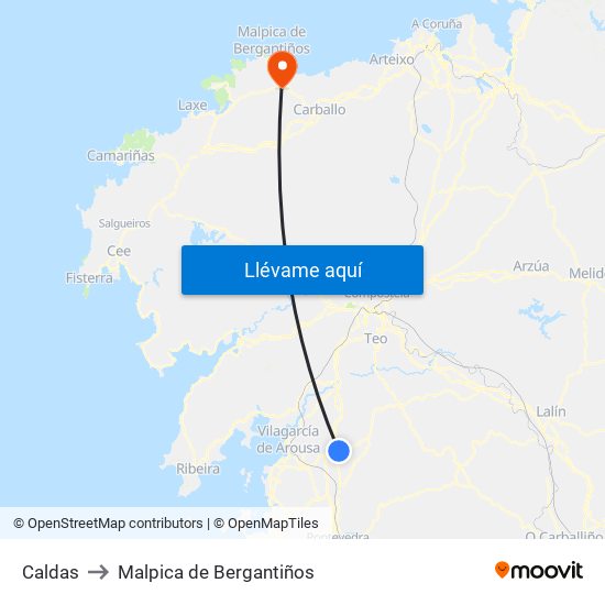 Caldas to Malpica de Bergantiños map