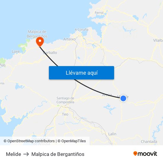 Melide to Malpica de Bergantiños map
