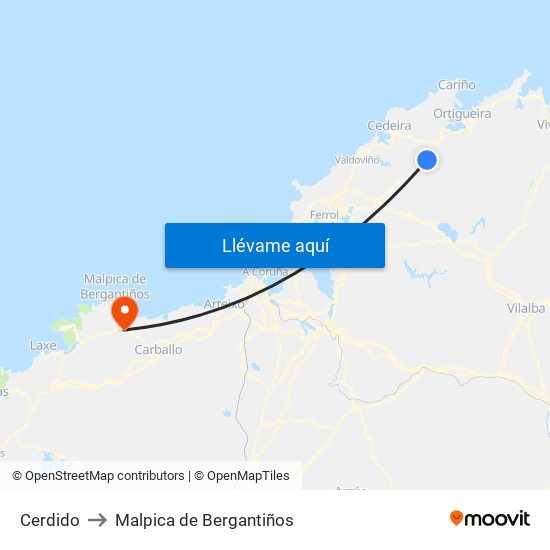 Cerdido to Malpica de Bergantiños map