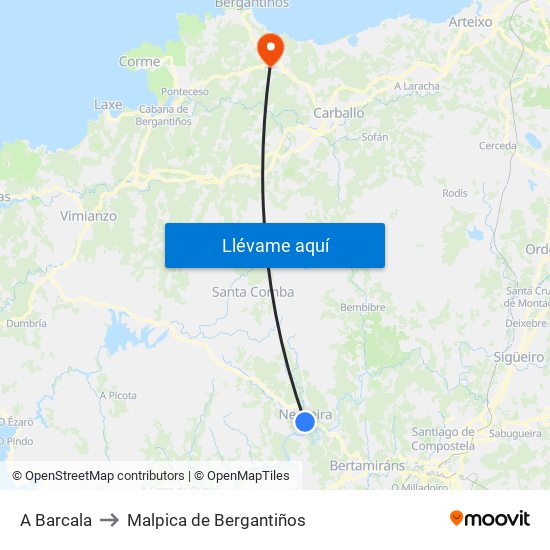 A Barcala to Malpica de Bergantiños map