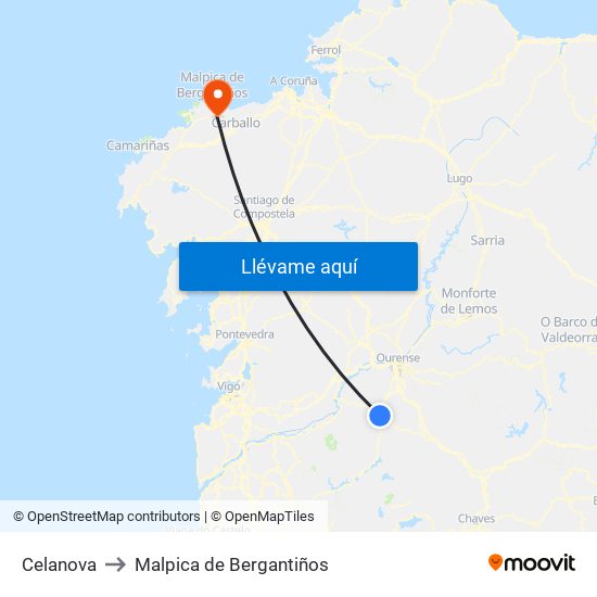 Celanova to Malpica de Bergantiños map