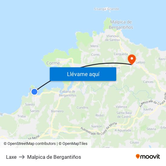 Laxe to Malpica de Bergantiños map