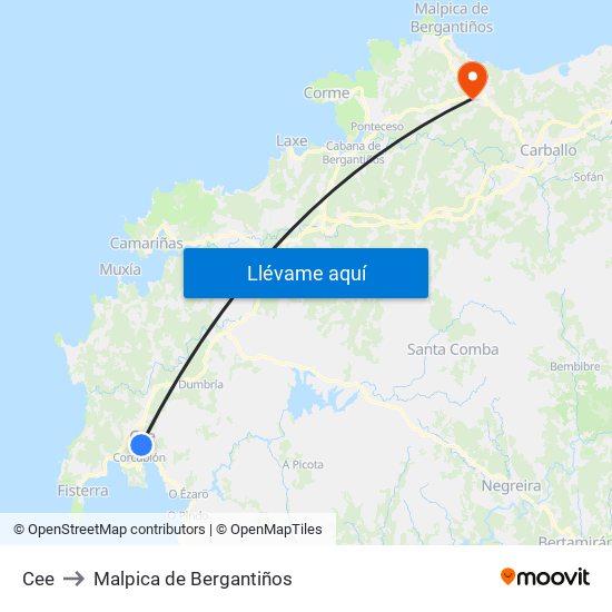Cee to Malpica de Bergantiños map