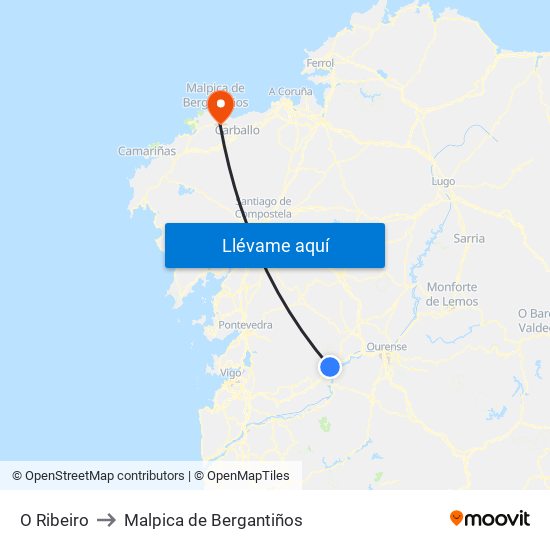 O Ribeiro to Malpica de Bergantiños map
