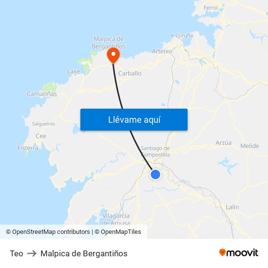 Teo to Malpica de Bergantiños map