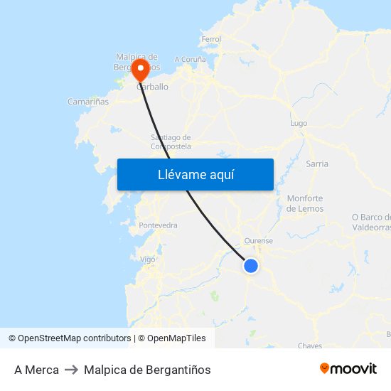 A Merca to Malpica de Bergantiños map