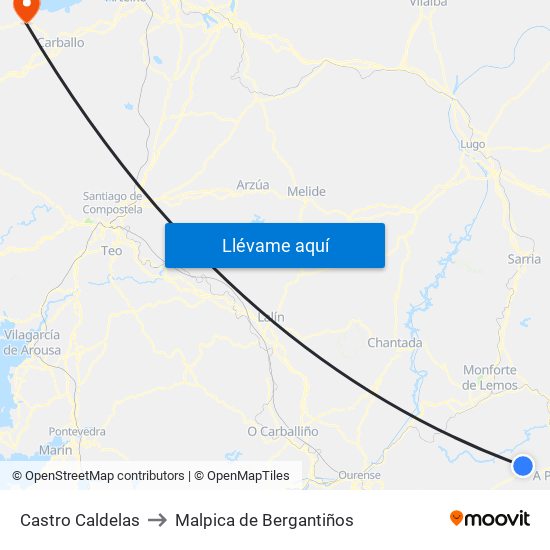 Castro Caldelas to Malpica de Bergantiños map