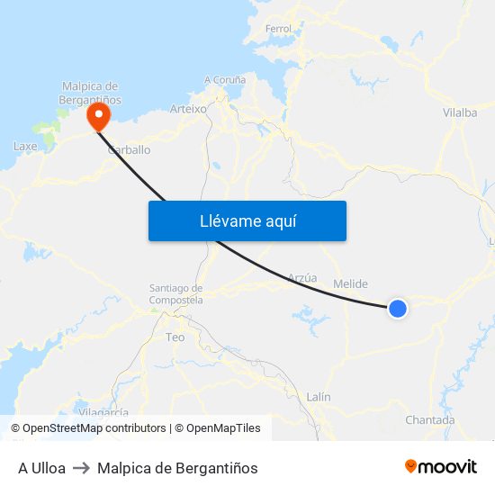 A Ulloa to Malpica de Bergantiños map
