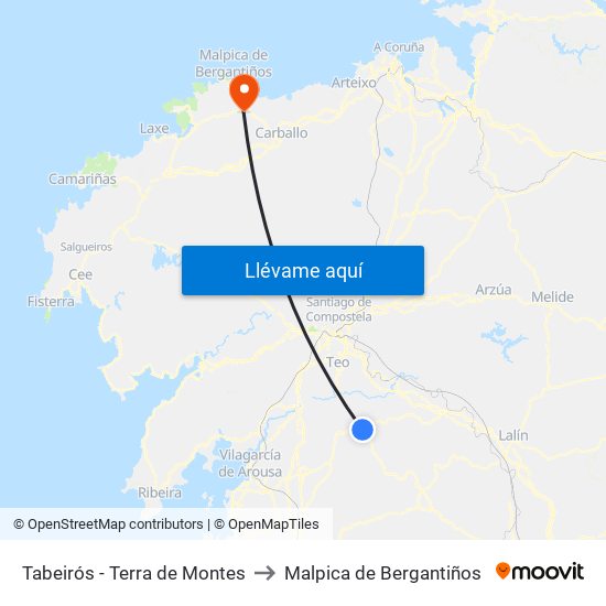 Tabeirós - Terra de Montes to Malpica de Bergantiños map