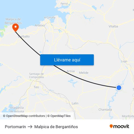 Portomarín to Malpica de Bergantiños map