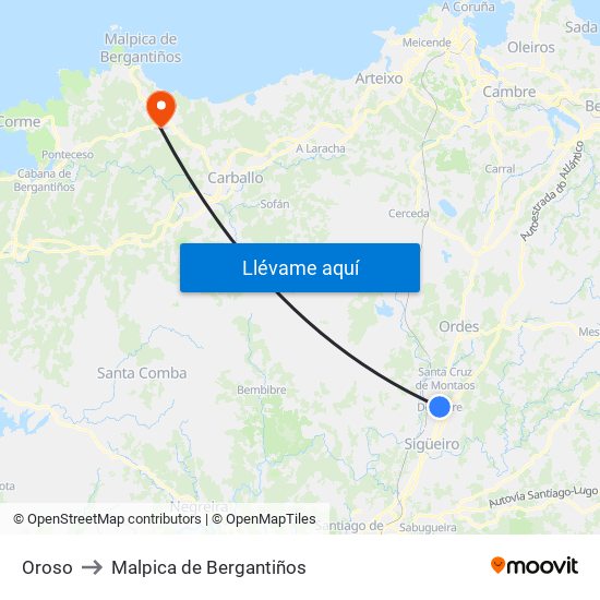 Oroso to Malpica de Bergantiños map