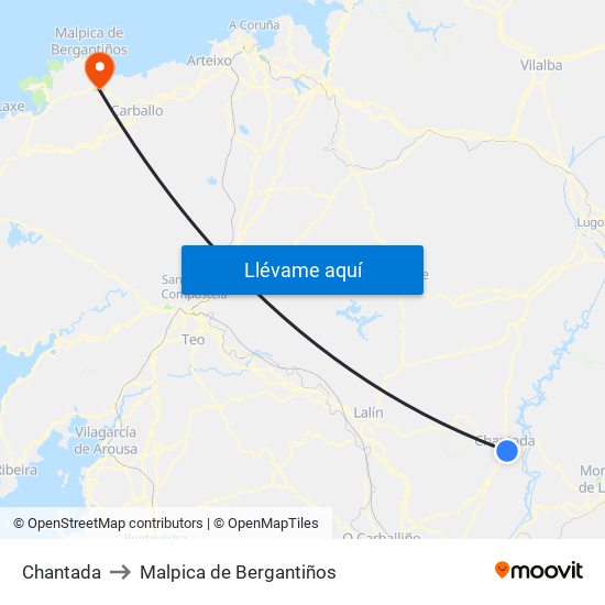 Chantada to Malpica de Bergantiños map
