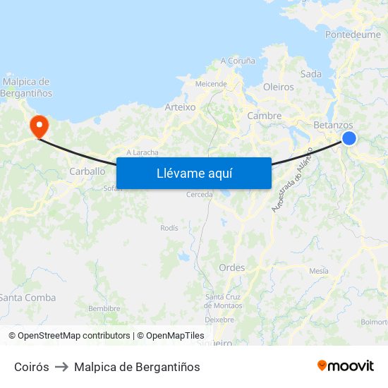 Coirós to Malpica de Bergantiños map