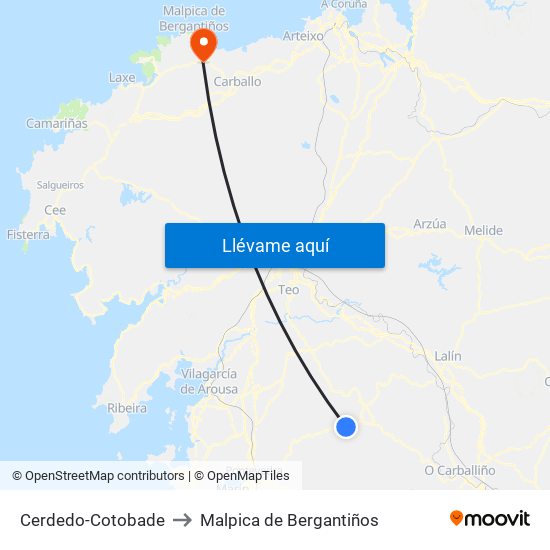 Cerdedo-Cotobade to Malpica de Bergantiños map