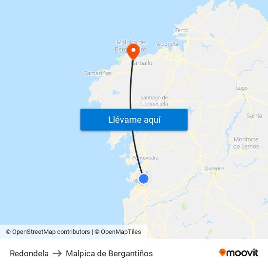 Redondela to Malpica de Bergantiños map
